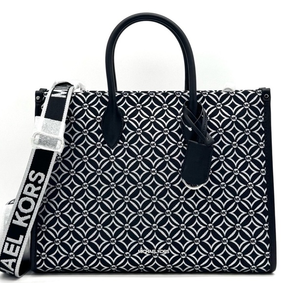 Michael Kors Mirella Medium Logo Tote Bag Black/Silver - Picture 1 of 9
